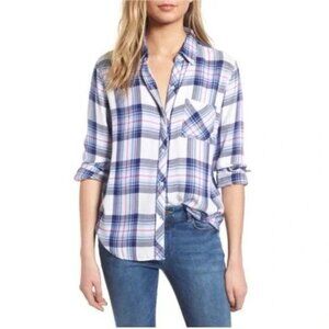 Rails Womens Medium Blue White Plaid Button Up Flannel Shirt Long Sleeve Top